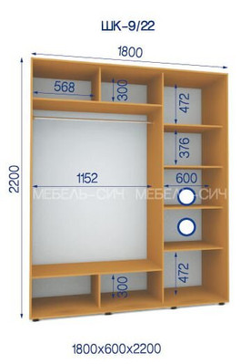 Шкаф-купе ШК-9/22, Яблоня, 2200, 600, 1800