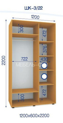 Шкаф-купе ШК-3/22, Яблоня, 2200, 600, 1200